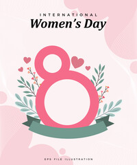 March 8th, Happy Women's Day with floral decorations. Poster design with a pink background