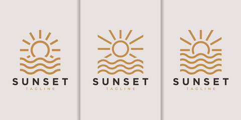 Minimal sunset logo with sun and ocean wave line art