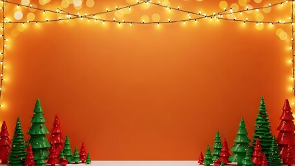 Christmas trees and fairy lights on orange background for holiday decoration ideas