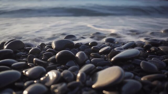 Beach pebbles in sunlight with ocean waves in background