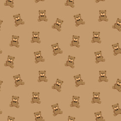 Cute brown teddy bear seamless pattern with black bow ties on tan background