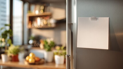 blank paper stuck to the refrigerator and a modern kitchen in the background