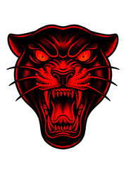 A stylized, red and black illustration of a panther's head with bared teeth and glowing eyes.