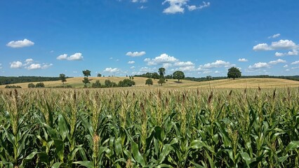 A rural landscape featuring a vast cornfield under a bright blue sky with scattered clouds.