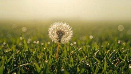 A dandelion seed head in a grassy field during sunlight.