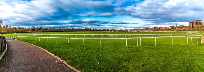 A panorama view across the racecourse beside the River Dee in the city of Chester, Cheshire, UK