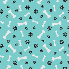 Blue pet seamless pattern with white dog bones and black paw prints for nursery