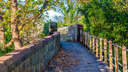 A view along the city walls walkway in the city of Chester, Cheshire, UK