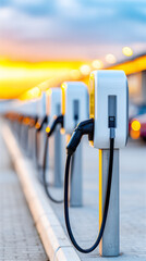 Row of electric vehicle charging stations with cables in a modern parking area, symbolizing e-mobility infrastructure, clean energy transition, and sustainable transport.