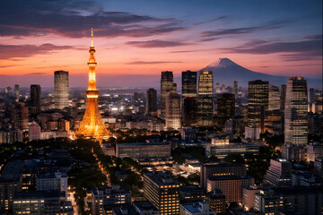 Tokyo skyline with illuminated Tokyo Tower and Mount Fuji at sunset