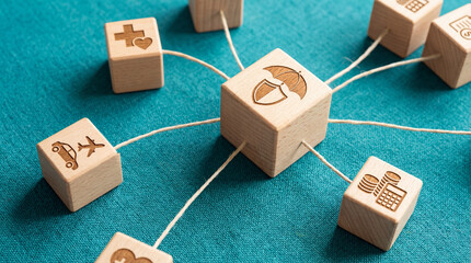 Wooden blocks with various symbols connected by strings represent different concepts such as health, travel, and finance, creating visually engaging and thoughtful arrangement
