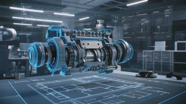 Holographic 3D Engine Model and Blueprints Displayed in a Modern Workshop Setting Keywords: engine, 3D model, holographic, blueprint, technology, engineering, design, workshop, futuristic