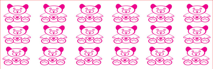 A charming pink and white repeating pattern featuring line art teddy bears with hearts. A soft, minimal design suitable for baby girl nursery decor, feminine branding, children's gift wrap.