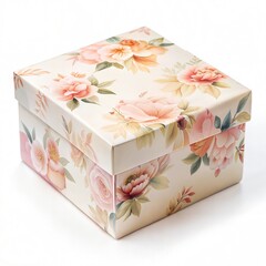 Decorative floral gift box with elegant flower pattern isolated on white background. Romantic present packaging for Valentine&rsquo;s Day, wedding, or anniversary celebrations.
