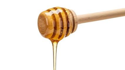 Wooden honey dipper with dripping honey isolated with shadows on white background. AI GENERATED.
