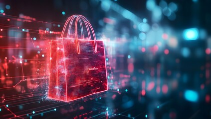 Digital shopping bag in futuristic network