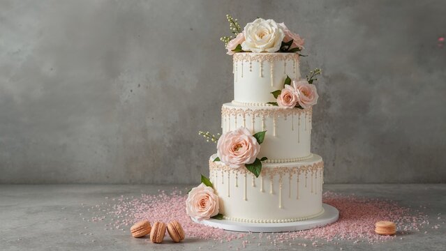 Three-tiered wedding cake decorated with roses and drizzled icing, placed on a table with pink macarons and sprinkles, against a gray concrete background.