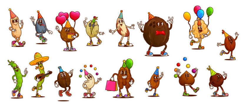 Groovy nut and legume characters with birthday party balloons and gifts, cartoon vector. Funny groovy coconut, walnut and almond in birthday hat, legume bean in sombrero and peanut with birthday cake