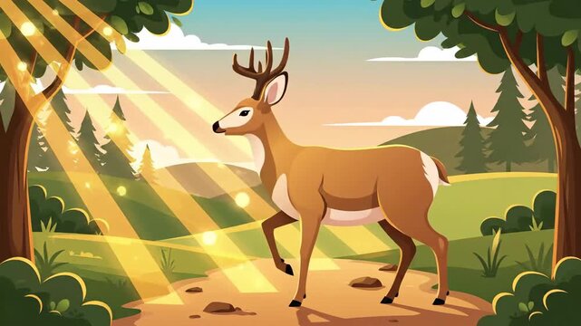 Enchanting Deer In Sunlight Animated Cartoon Forest Scene For Nature Documentary