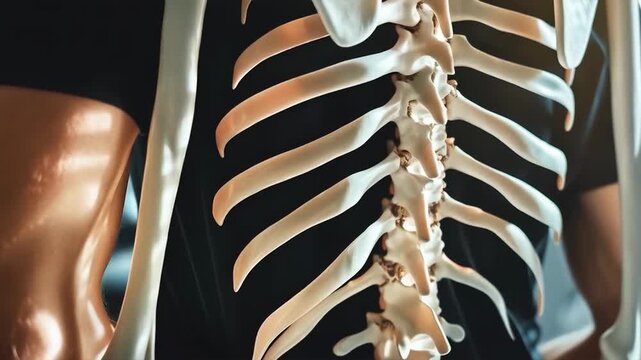 A medical model of the human skeleton on a dark background will emphasise the seriousness of anatomical research and will be an ideal atmospheric backdrop for educational materials on biology or medic