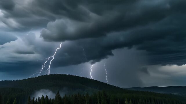 Lightning Strike Illuminating a Stormy Sky Over a Dark Forested Mountain thunder thunderstorm