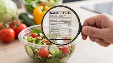 Nutrition facts displayed prominently, highlighting healthy ingredients in fresh salad. magnifying glass emphasizes importance of nutritional information for balanced diet