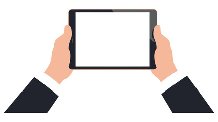 Human Hands Using Black Tablet with Blank Screen &ndash; Touchscreen Tablet PC Mockup for Website and Mobile App Design.eps