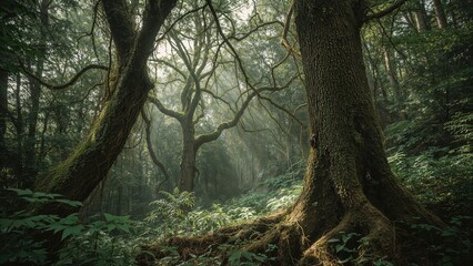 A dense forest scene with large trees and lush greenery, showcasing a natural woodland environment.