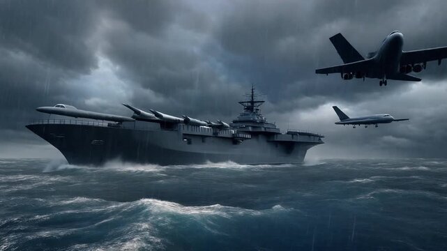 Military aircraft carrier sailing through stormy seas with planes in the sky navy warship
