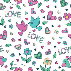 Pink and blue doves with hearts and flowers in a romantic seamless pattern