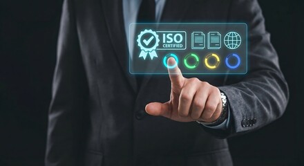 Person interacting with a transparent digital screen displaying quality assurance icons and certifications.