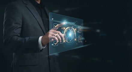 Person using digital interface with approved status and global network connections in dark modern setting.