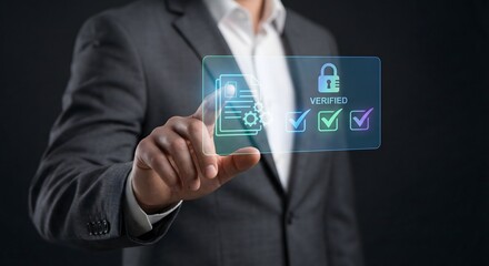 Person touching transparent screen displaying data security icons with padlock and checkmarks for verification.