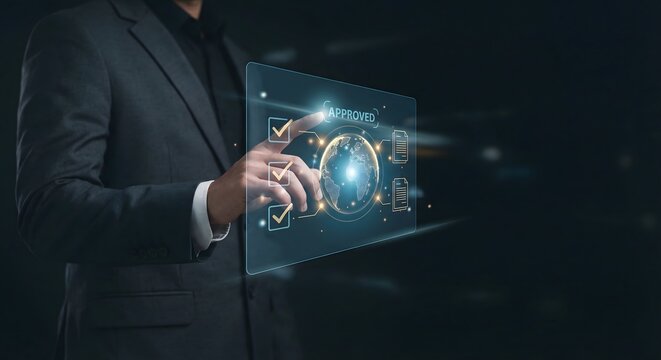 Person using digital interface with approved status and global network connections in dark modern setting. - Powered by Adobe