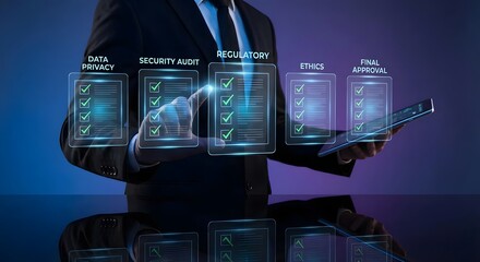 Person reviewing digital checklists for data privacy, security, ethics and regulatory compliance on tablet.