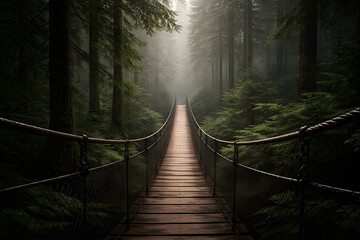 Wooden Bridge in Misty Forest with Tall Green Trees and Foggy Atmosphere tall trees
