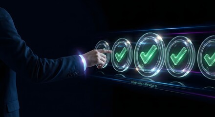 Person touching glowing digital checkmark icons representing compliance and approval on a dark blue screen.