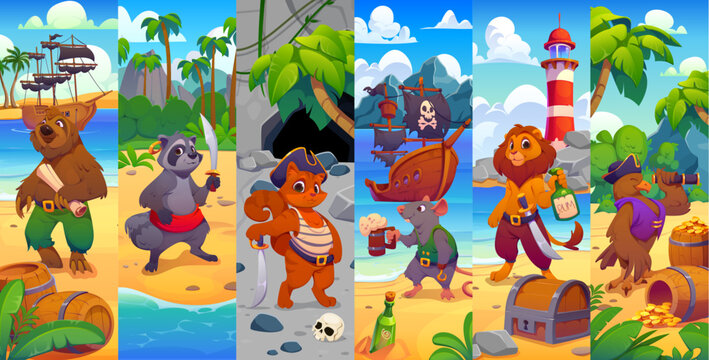 Animal pirate crew characters collage cartoon sloth, raccoon, cat, mouse, lion and eagle with swords, maps and rum bottles explore tropical islands, treasure chests, ships and caves in adventure scene