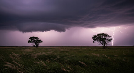 Two trees stand silhouetted against a lightning storm