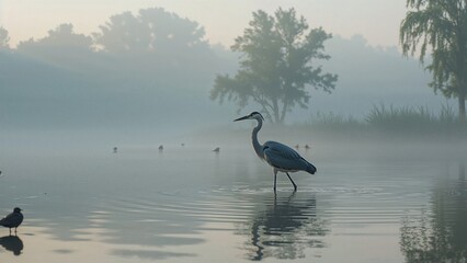 A heron standing in water during early morning with fog and trees in the background. Nature and wildlife scene. Calm, misty environment, peaceful and serene setting.