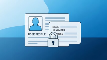 Digital user profile and personal identification documents secured with a padlock, representing data privacy and security.