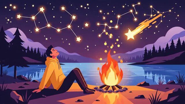 Enchanting Nighttime Campfire Scene Under Starry Sky With Falling Comet Animation Loop