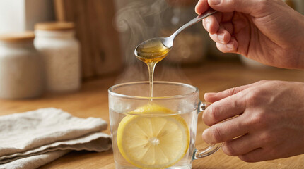 Warm honey and lemon infused in hot water in a glass cup with a spoon adding more honey
