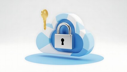 A 3D rendering of a secure cloud computing concept with a padlock and a golden key, symbolizing data protection and digital privacy.