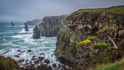 Cliffs and sea stacks along the rugged coastline with waves crashing against the rocks. Nature scenery and coastal landscape. The natural beauty of cliffs and ocean.