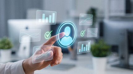 Closeup of hand interacting with digital user interface elements, showcasing data analytics and user profiles, conveying sense of technology and innovation