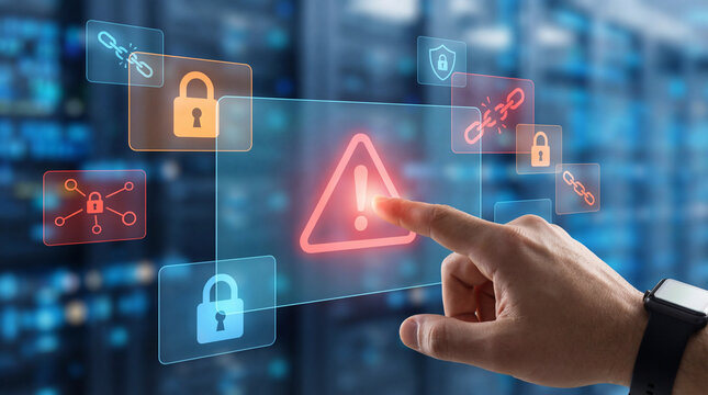 Closeup of hand interacting with digital warning symbol, emphasizing cybersecurity and data protection. image conveys sense of urgency and importance in safeguarding information - Powered by Adobe