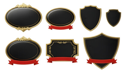 Collection of gold framed black shields and labels isolated on transparent background