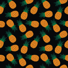 Tropical seamless pattern with yellow pineapple fruit on black background vector