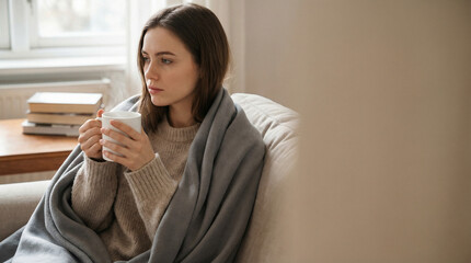 Woman wrapped in a blanket holding a warm mug in a cozy room